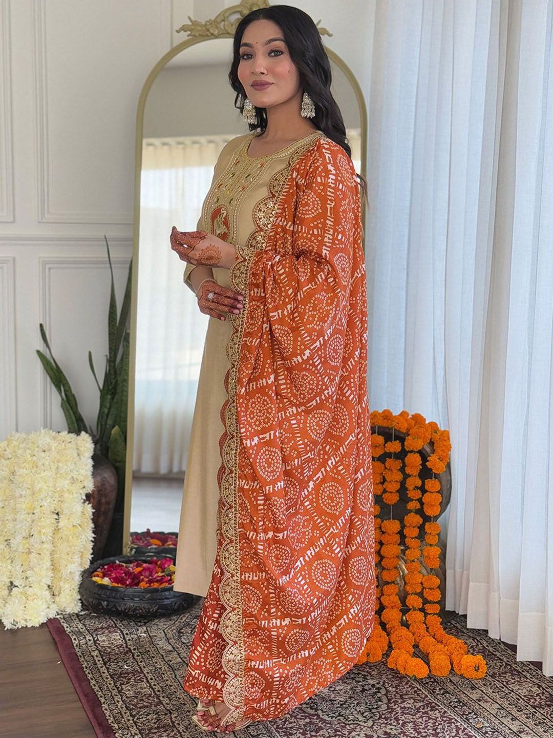 Meena Bazaar Ethnic Motifs Embroidered Round Neck Kurta With Trousers & Dupatta