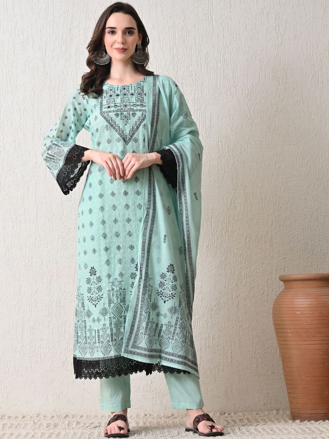 HARIKS Women Ethnic Motifs Printed Cotton Kurta with Trousers & Dupatta-picture-34