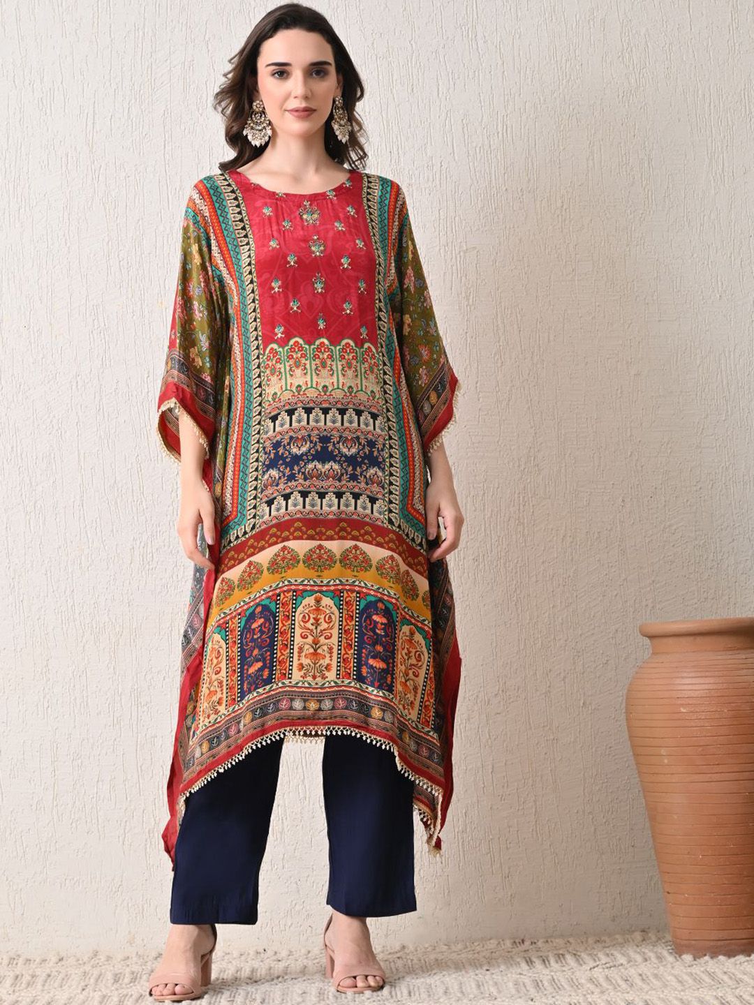 HARIKS Women Ethnic Motifs Printed Cotton Kaftan Kurta with Trousers