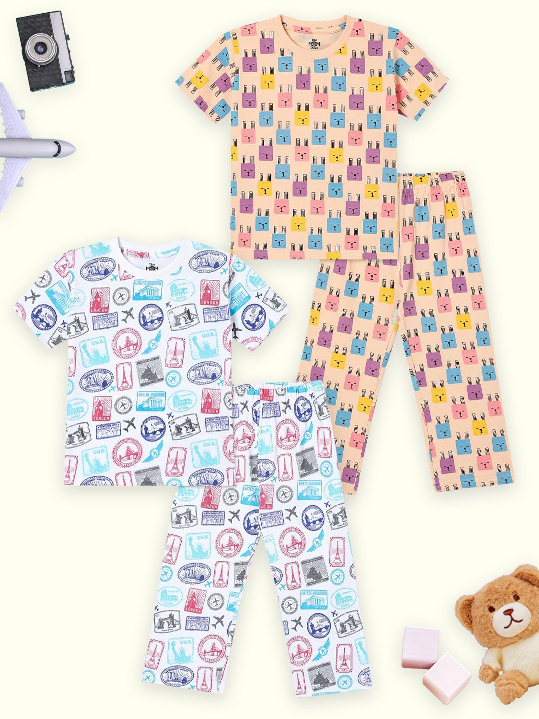 The Mom Store Kids Pack Of 2 Graphic Printed Pure Cotton T-shirt & Pyjamas-picture-12