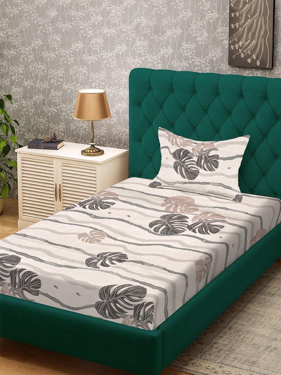 KLOTTHE Beige & Brown Floral Printed 300 TC Flat Single Bedsheet With Pillow Cover-picture-15