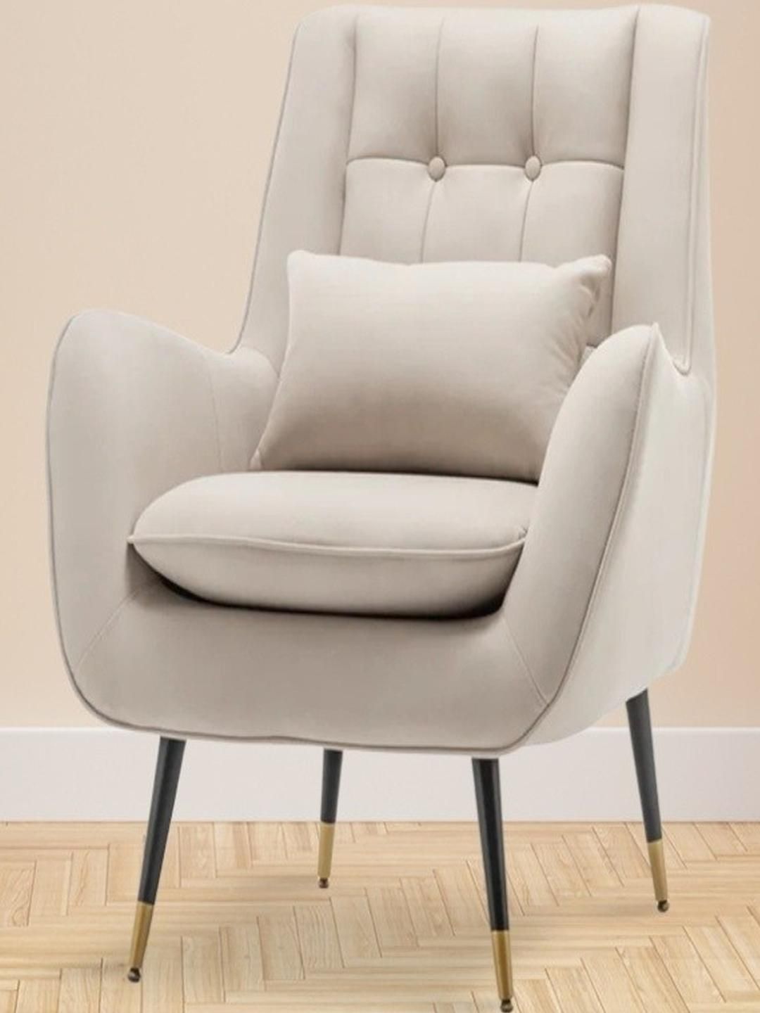 DOE BUCK Beige & Golden Wooden Legs With Velvet Cushioned Lounge Chair