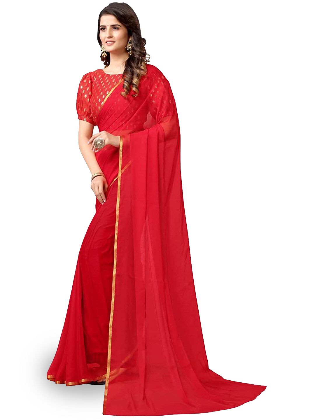 DURGA EMPORIO Solid Zari Border Pure Chiffon Saree-picture-30