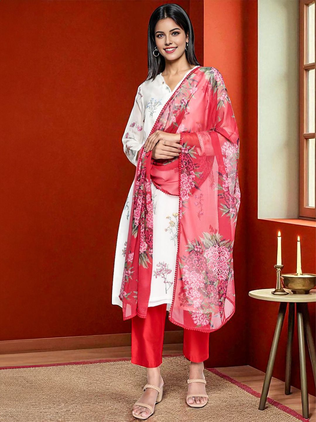 W Floral Printed Poly Chiffon Dupatta-image-18