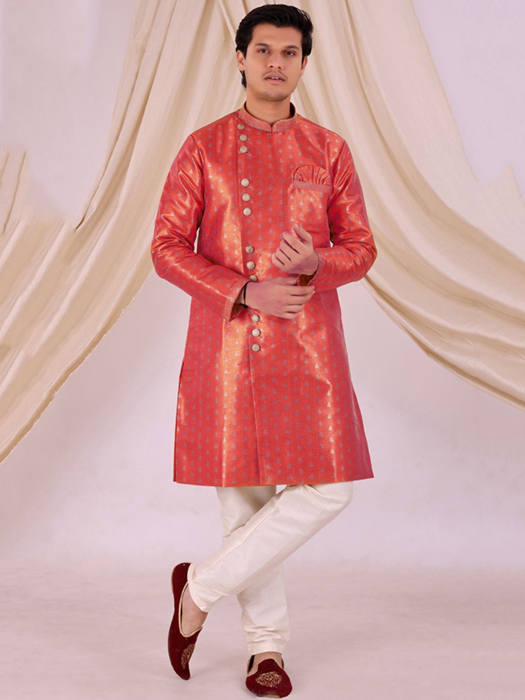 Desibutik Floral Woven Design Mandarin Collar Sherwani With Pyjama-image-30