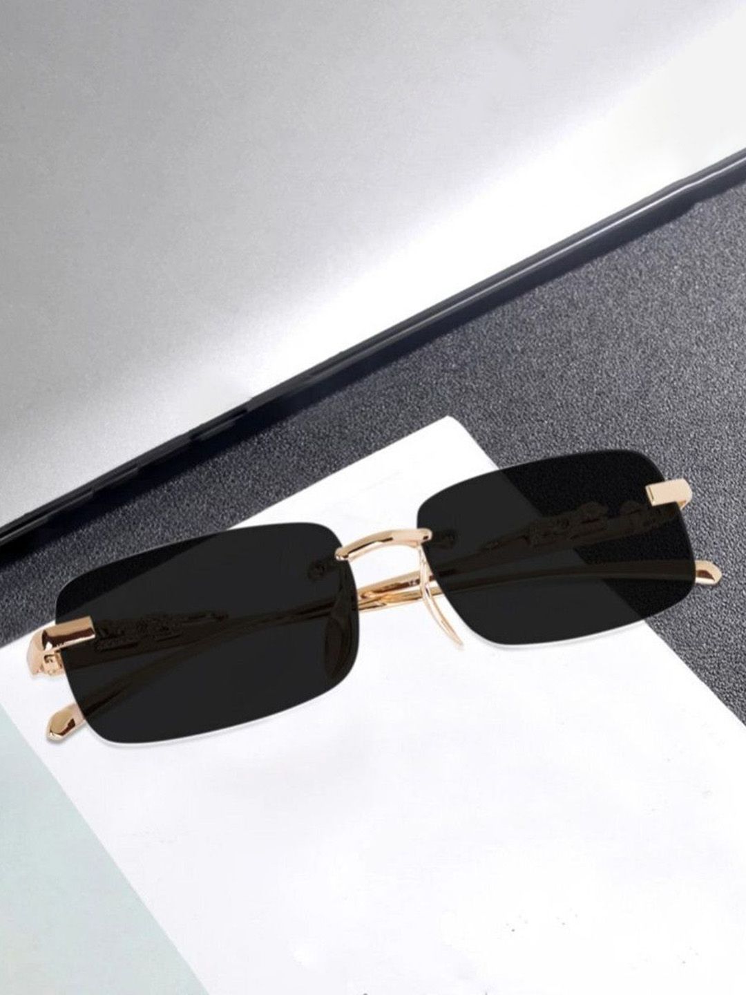 SPADEACES Unisex Rimless UV Protected Rectangle Sunglasses Karan gold black-43-picture-28