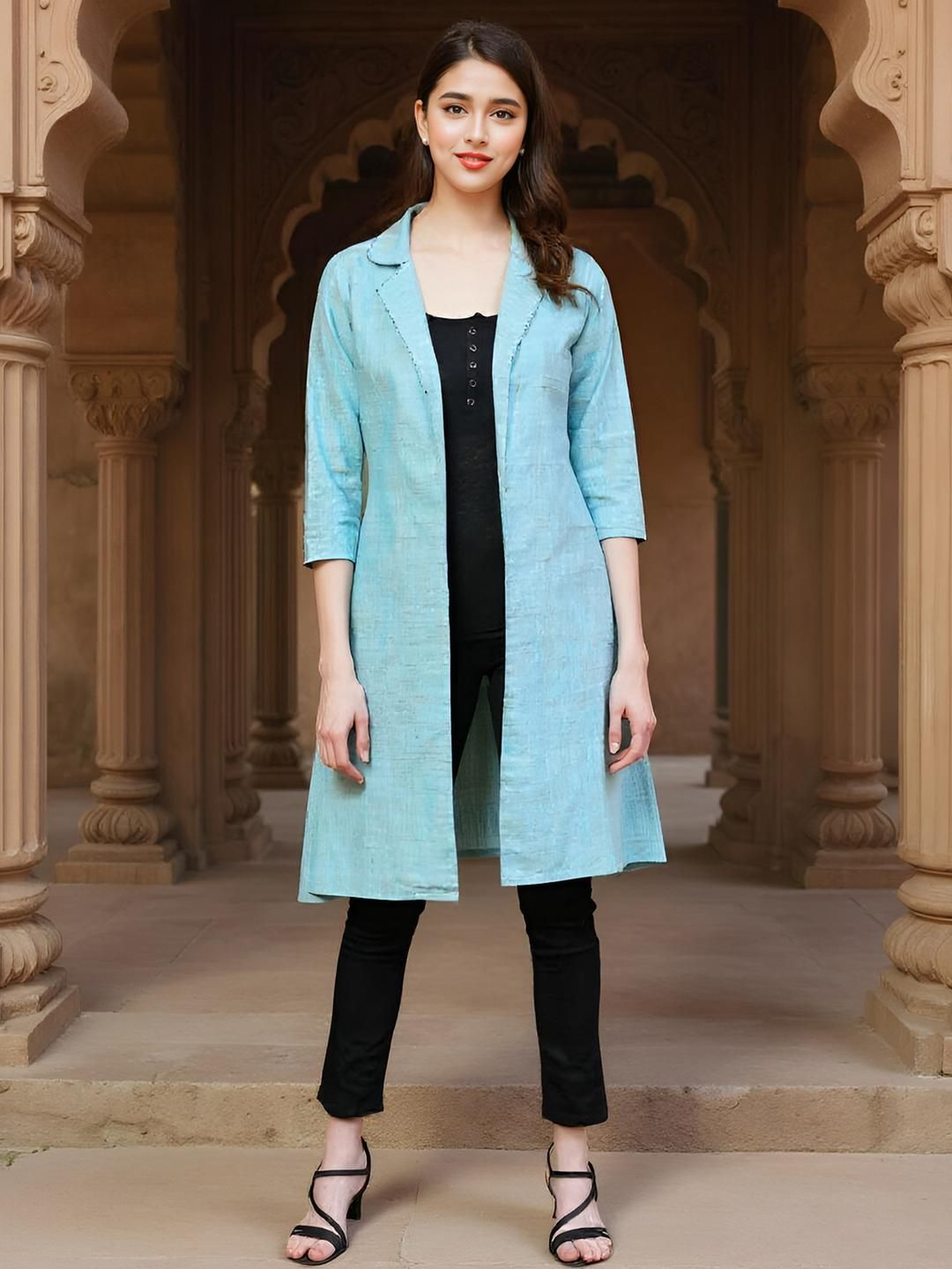 SZN Women Blue Embroidered Front Open Longline Tailored Jacket-picture-34