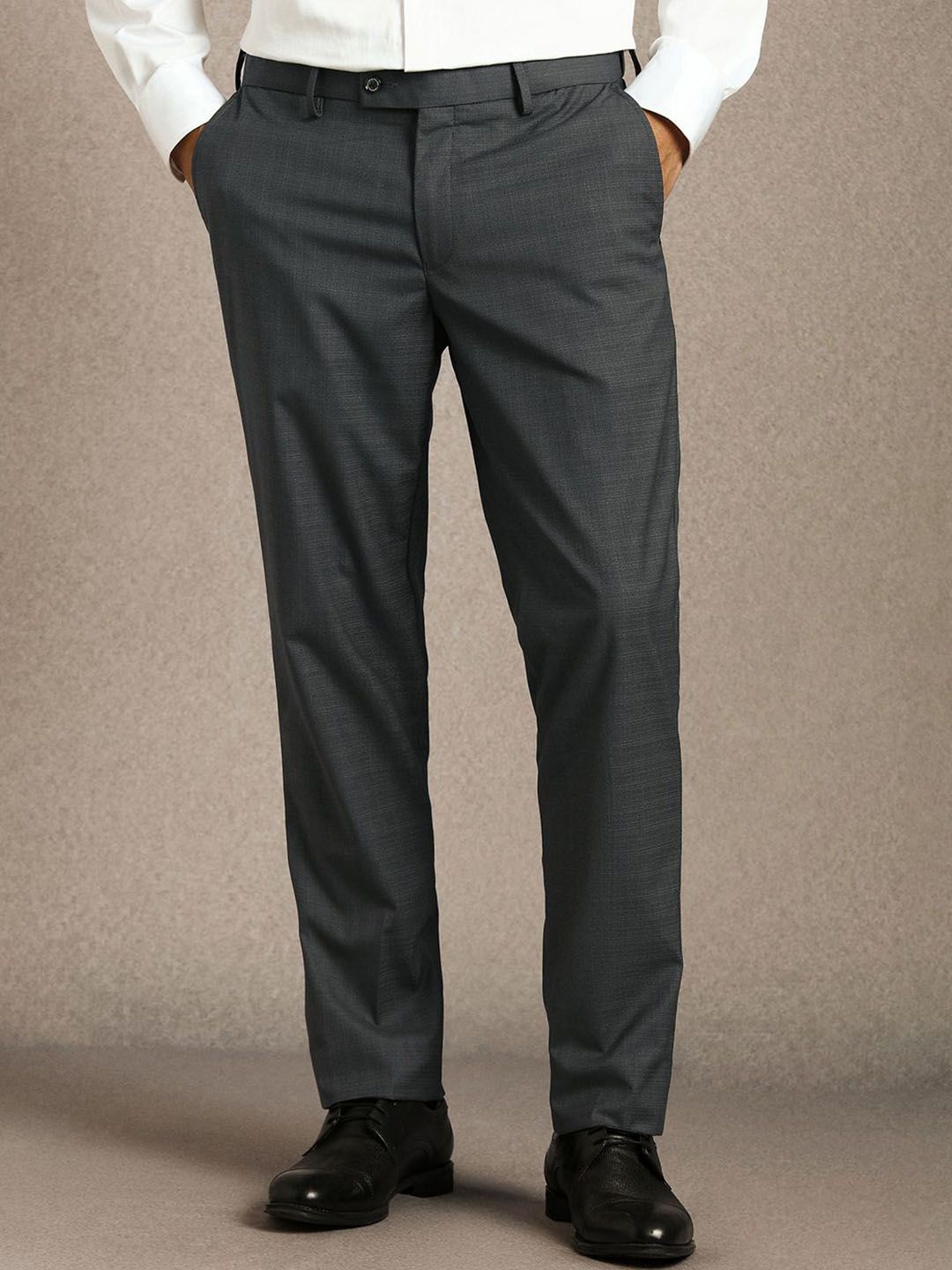 Louis Philippe Men Grey Textured Flat Front Formal Trousers-picture-14