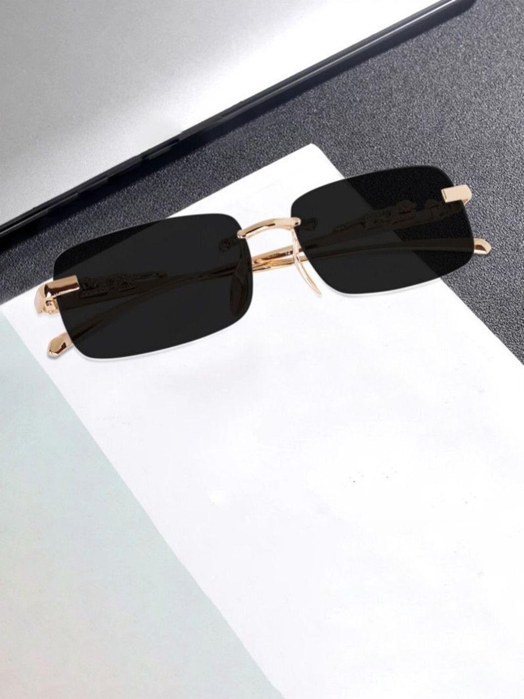 SPADEACES Unisex Kids Black Lens & Gold-Toned Rectangle Sunglasses with UV Protected Lens-image-24