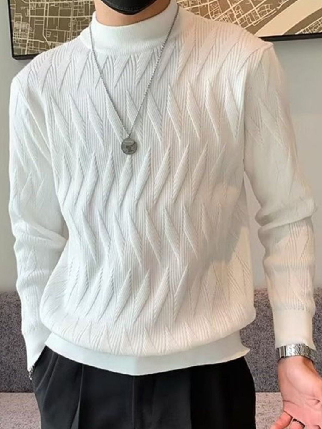 StyleCast Men Geometric Self Design High Neck Pullover-picture-23