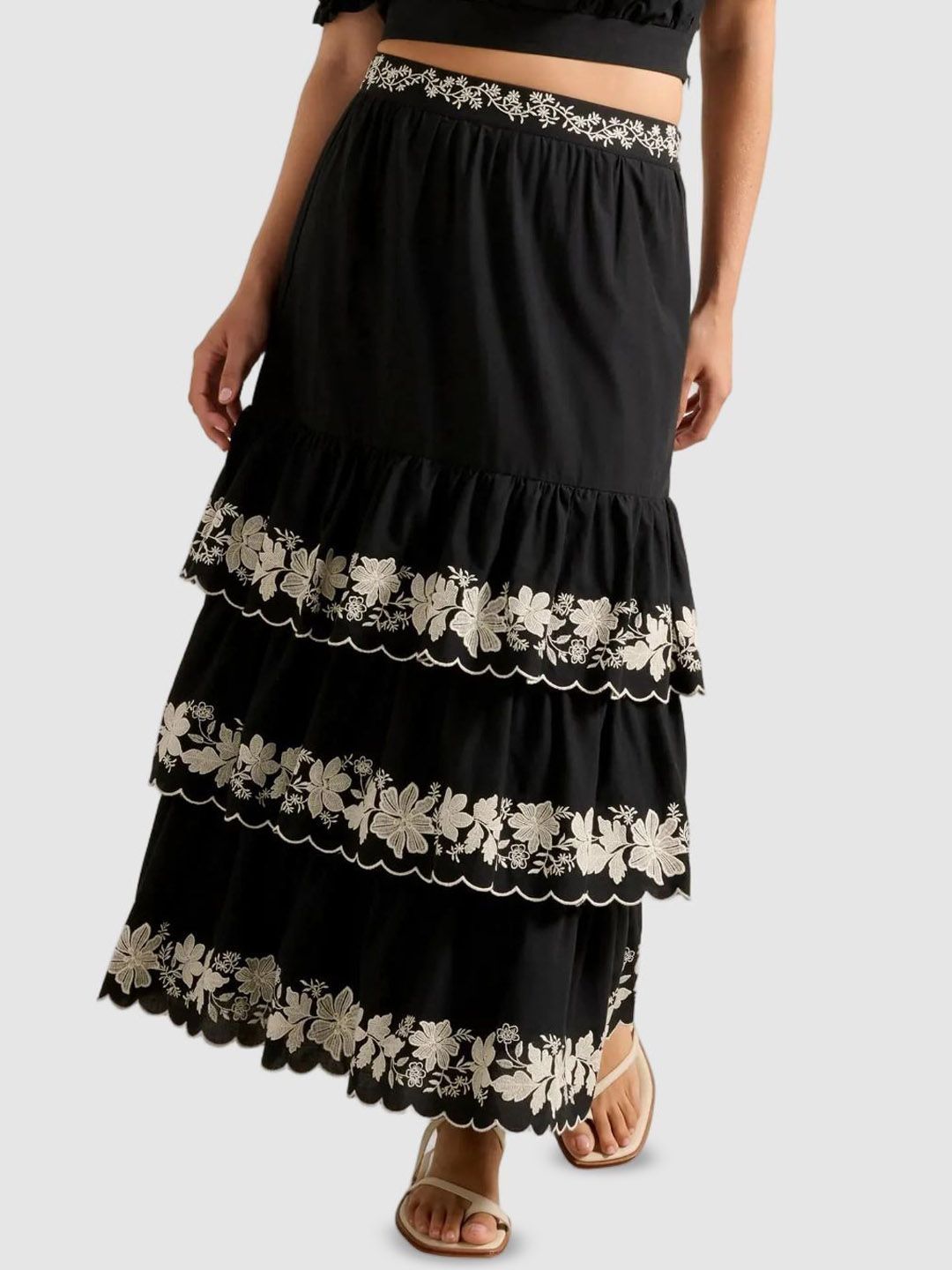 Forever New Embroidery Flared Tiered Maxi Skirt