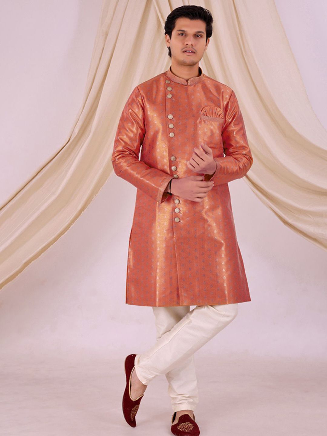 Desibutik Floral Woven Design Mandarin Collar Sherwani With Pyjama-image-6