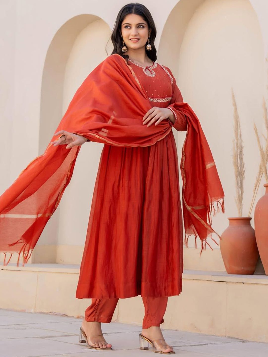 Brand Hill Women Floral Yoke Design Pleated Thread Work Kurta with Trousers & Dupatta