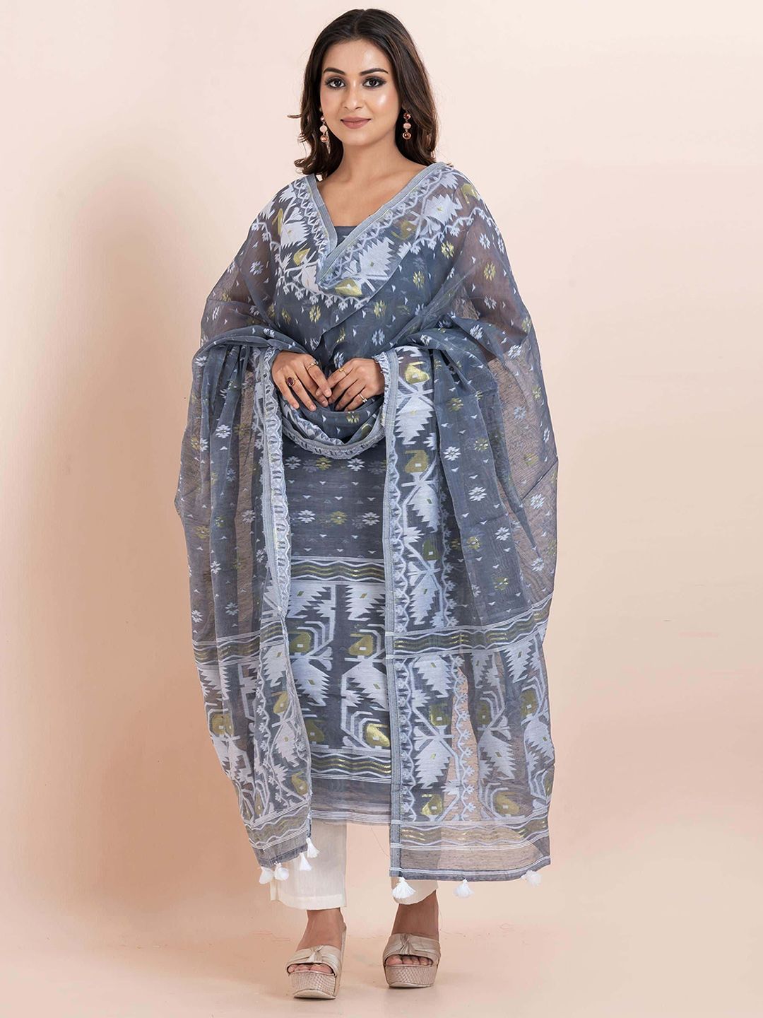Durga Handloom Jamdani Woven Zari Pure Cotton Unstitched Kurti with Dupatta Dress Material-image-43
