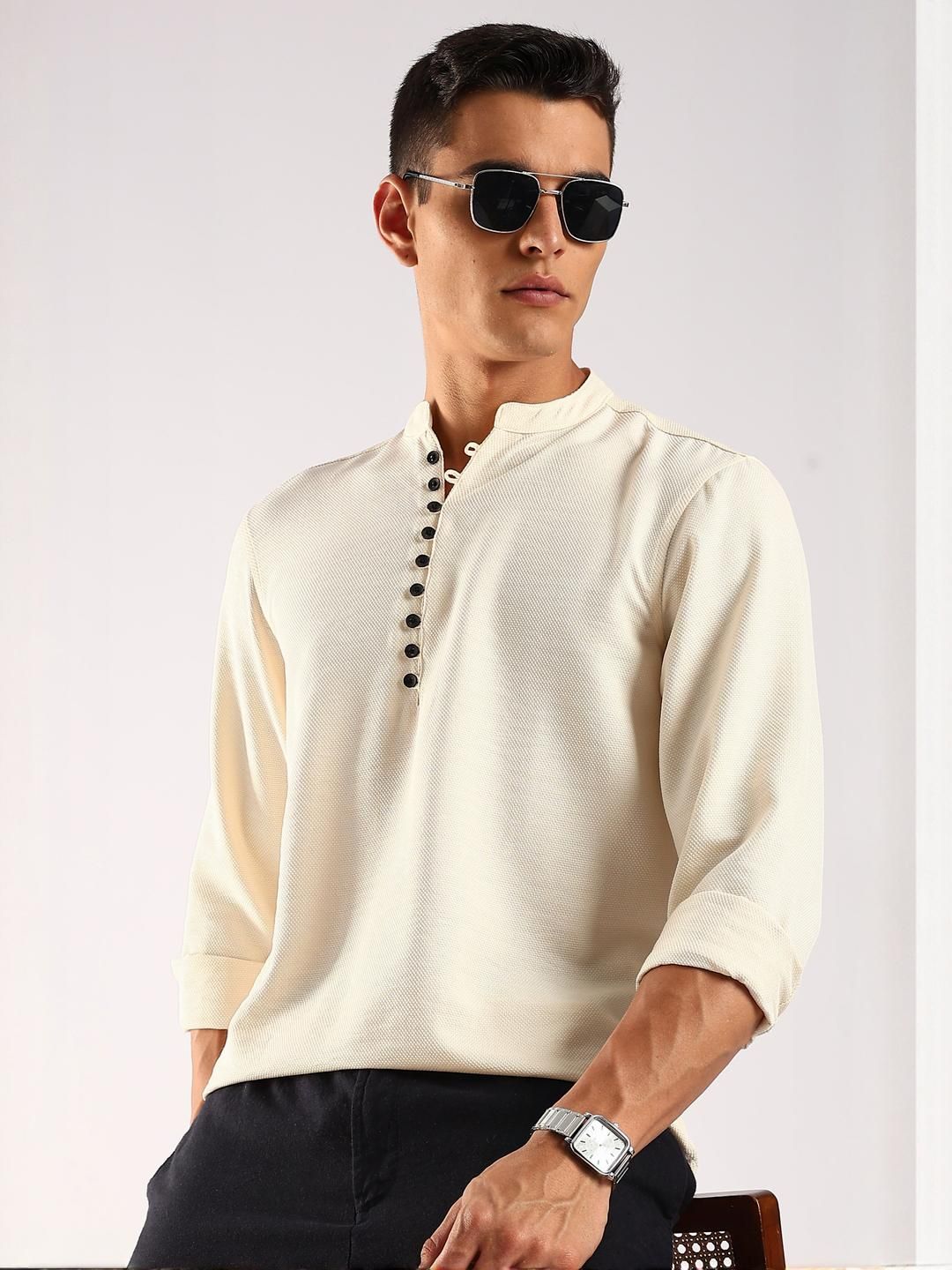 HERE&NOW Men Yellow Polyester Kurtas-picture-12