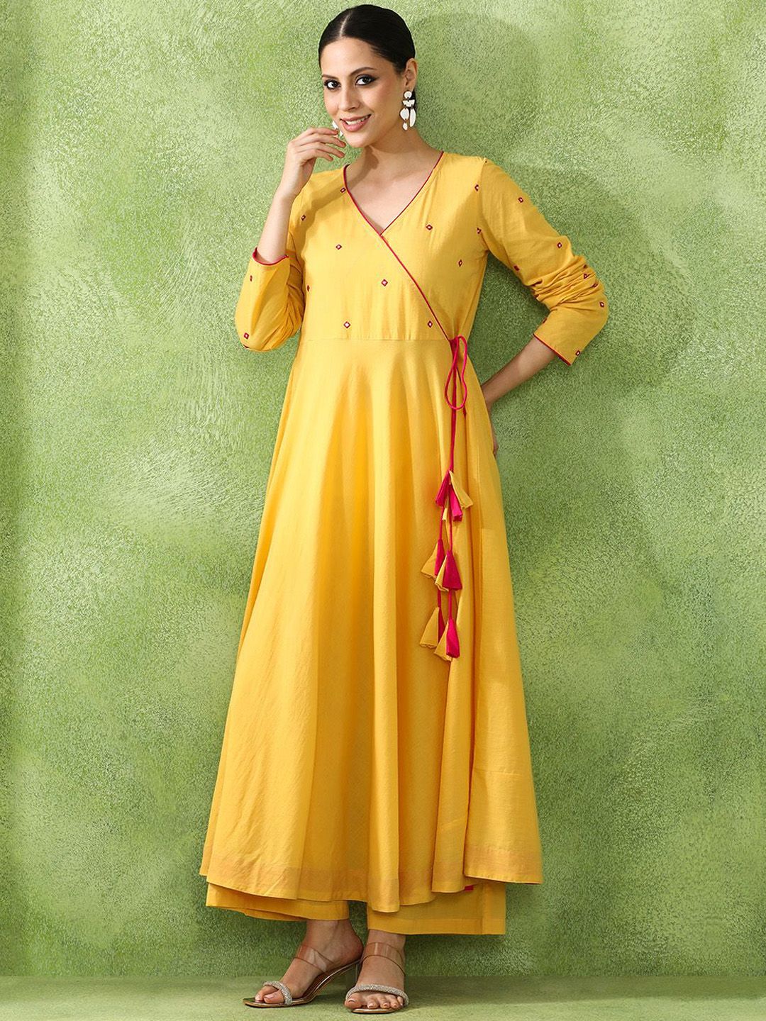Jaipur Kurti Women Embroidered Angrakha Mirror Work Pure Cotton Kurta with Trousers