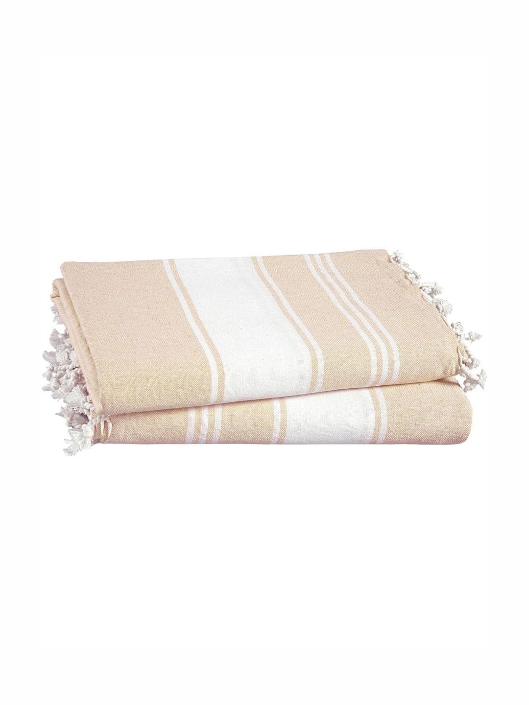LANE LINEN Beige & White 2 Pieces Striped Pure Cotton Beach Towels