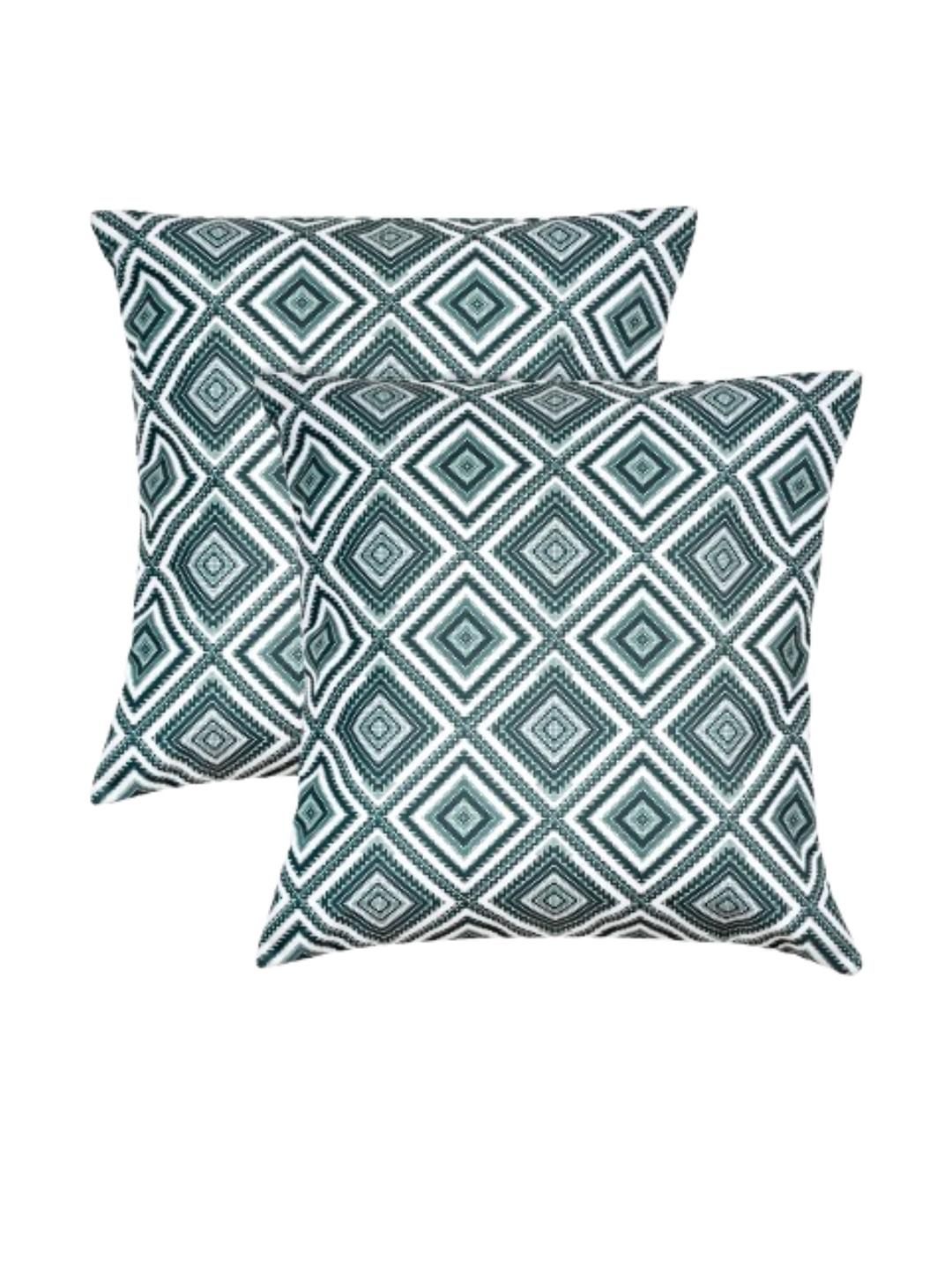 DREAMY URBAN Olive Green & White Set of 2 Geometric Square Cushion Covers-image-31