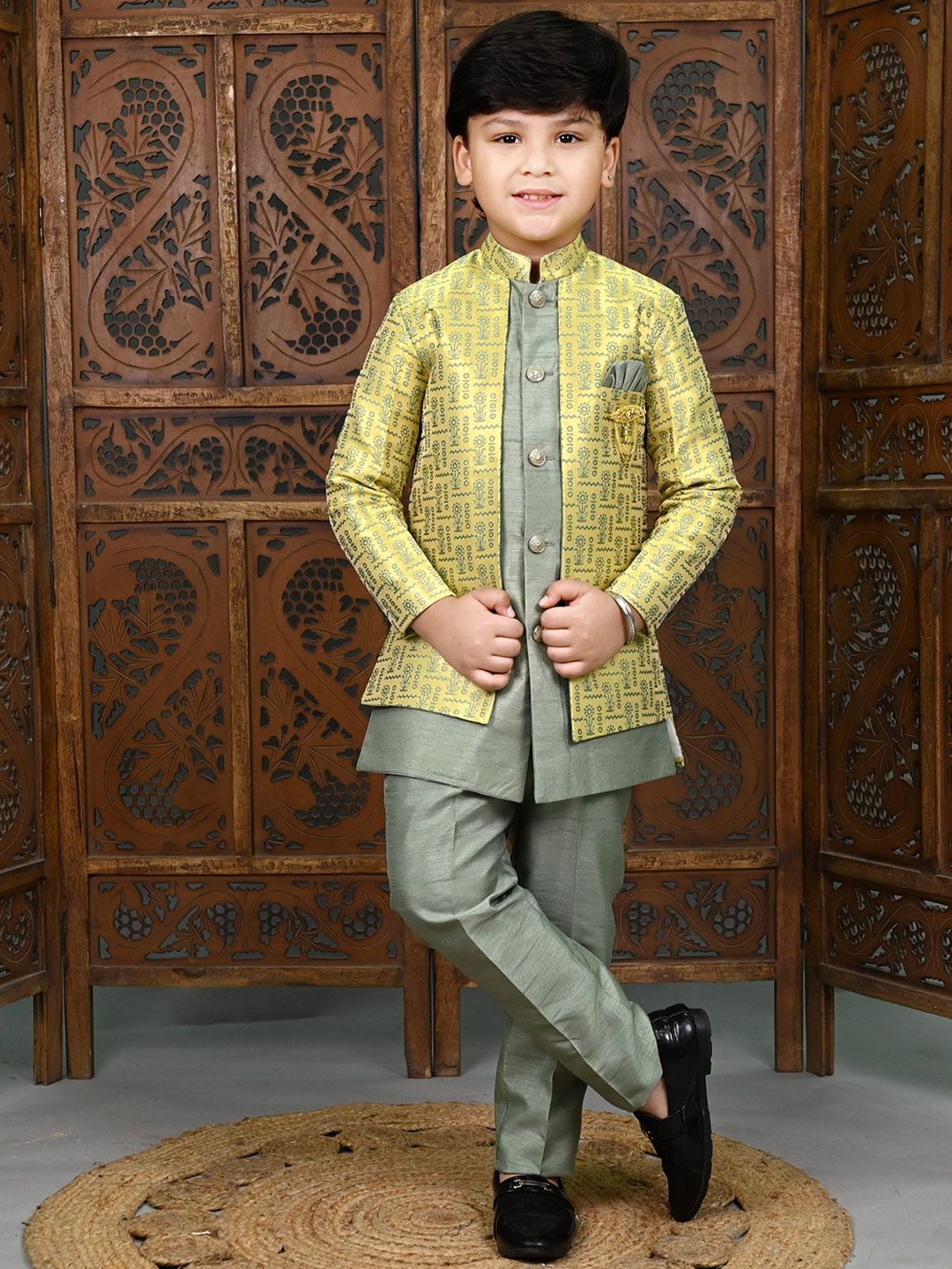 ahhaaaa Boys Self Design Mandarin Collar Sherwani Set-picture-47