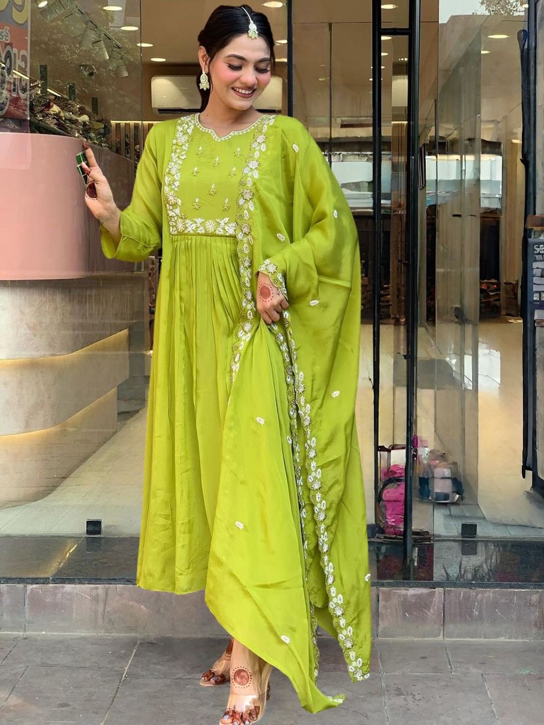 Brand Hill Floral Embroidered Thread Work Silk Chiffon Kurta With Trousers & Dupatta