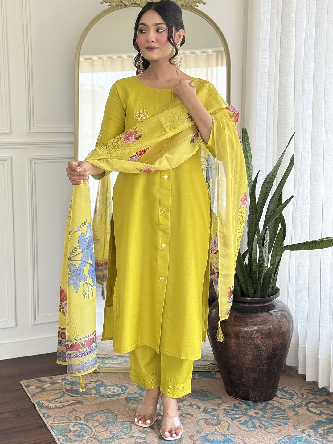 Siya Fashion Floral Embroidered Mirror Work Kurta With Trousers & Dupatta