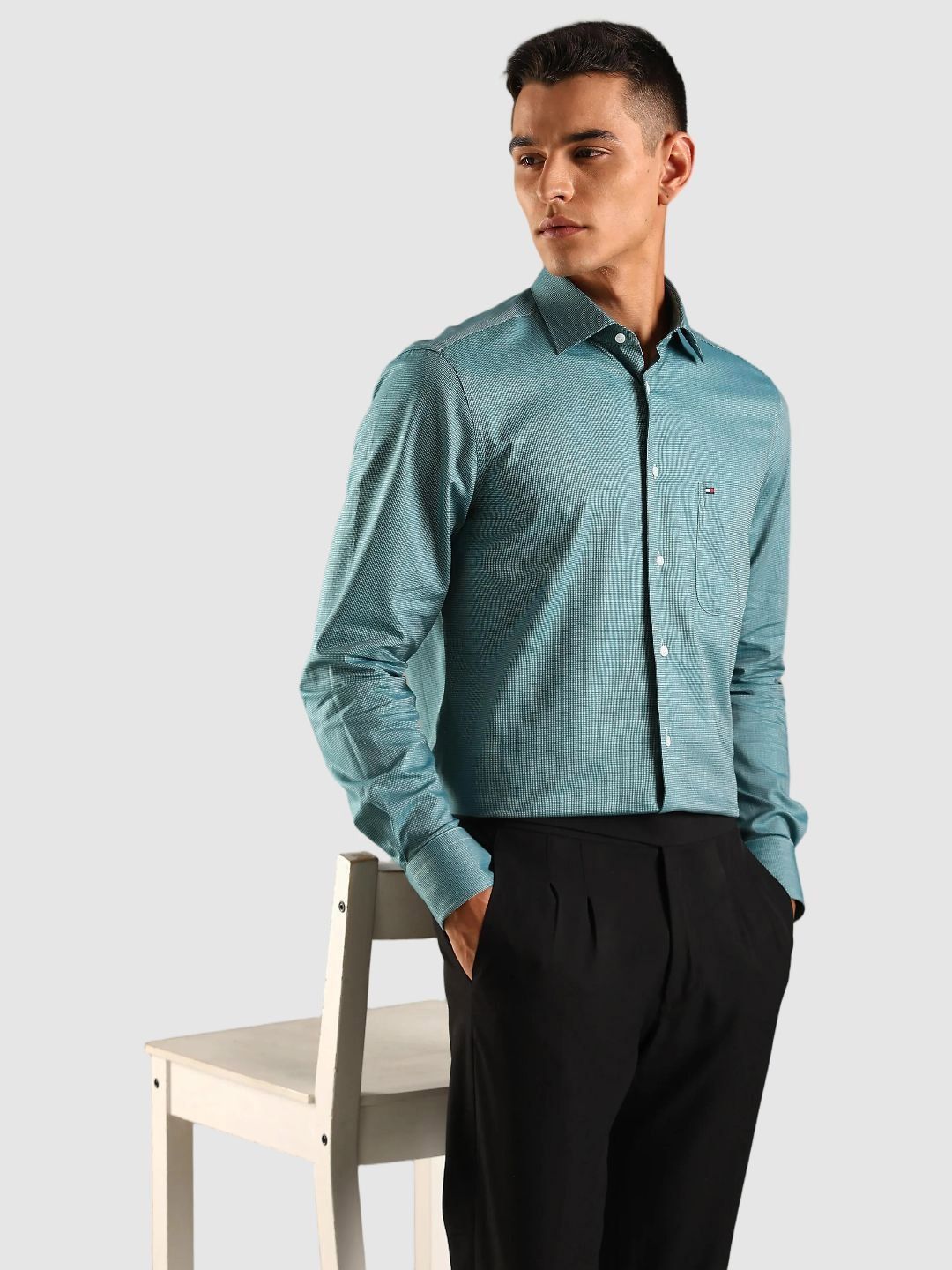 Tommy Hilfiger Self Design Spread Collar Cotton Formal Shirt-picture-27
