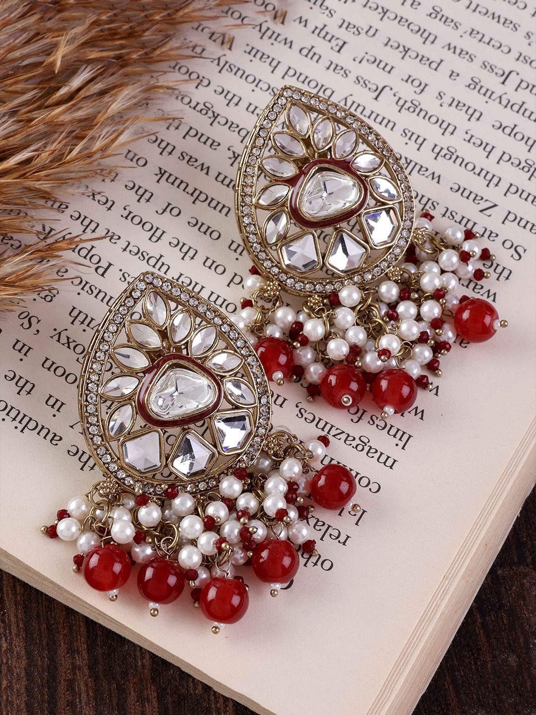 SHONA'S STYLE Brass-Plated Stones Studded & Pearls Beaded Teardrop Shaped Drop Earrings-picture-37