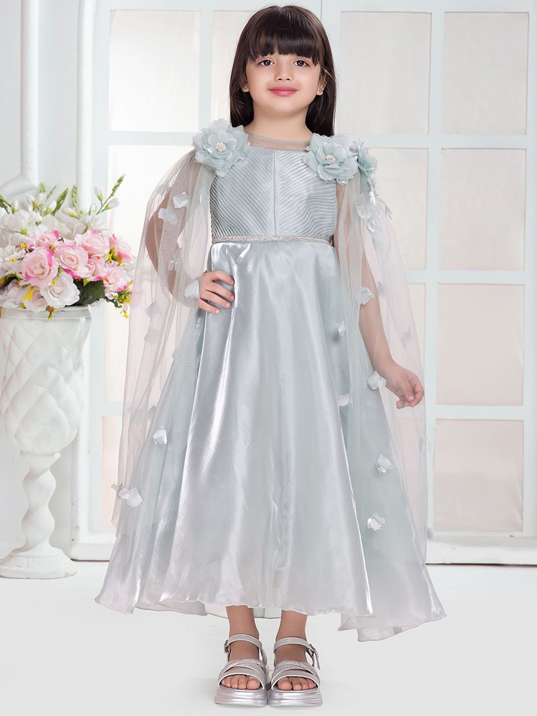 Tiny Kingdom Girls Flutter Sleeve Satin Fit and Flare Midi Dress-picture-11