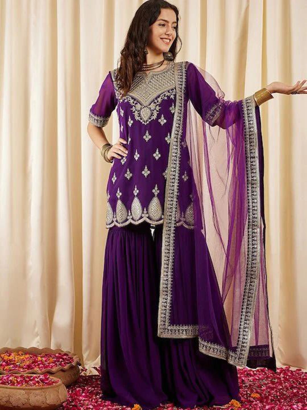 Siya Fashion Floral Embroidered Notch Neck Silk Georgette Kurta With Sharara & Dupatta