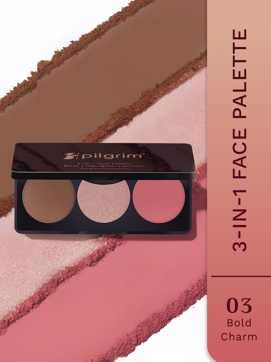 Pilgrim 3 in 1 Face Palette Blush, Highlighter & Contour - 12 g - Bold Charm 03-picture-48
