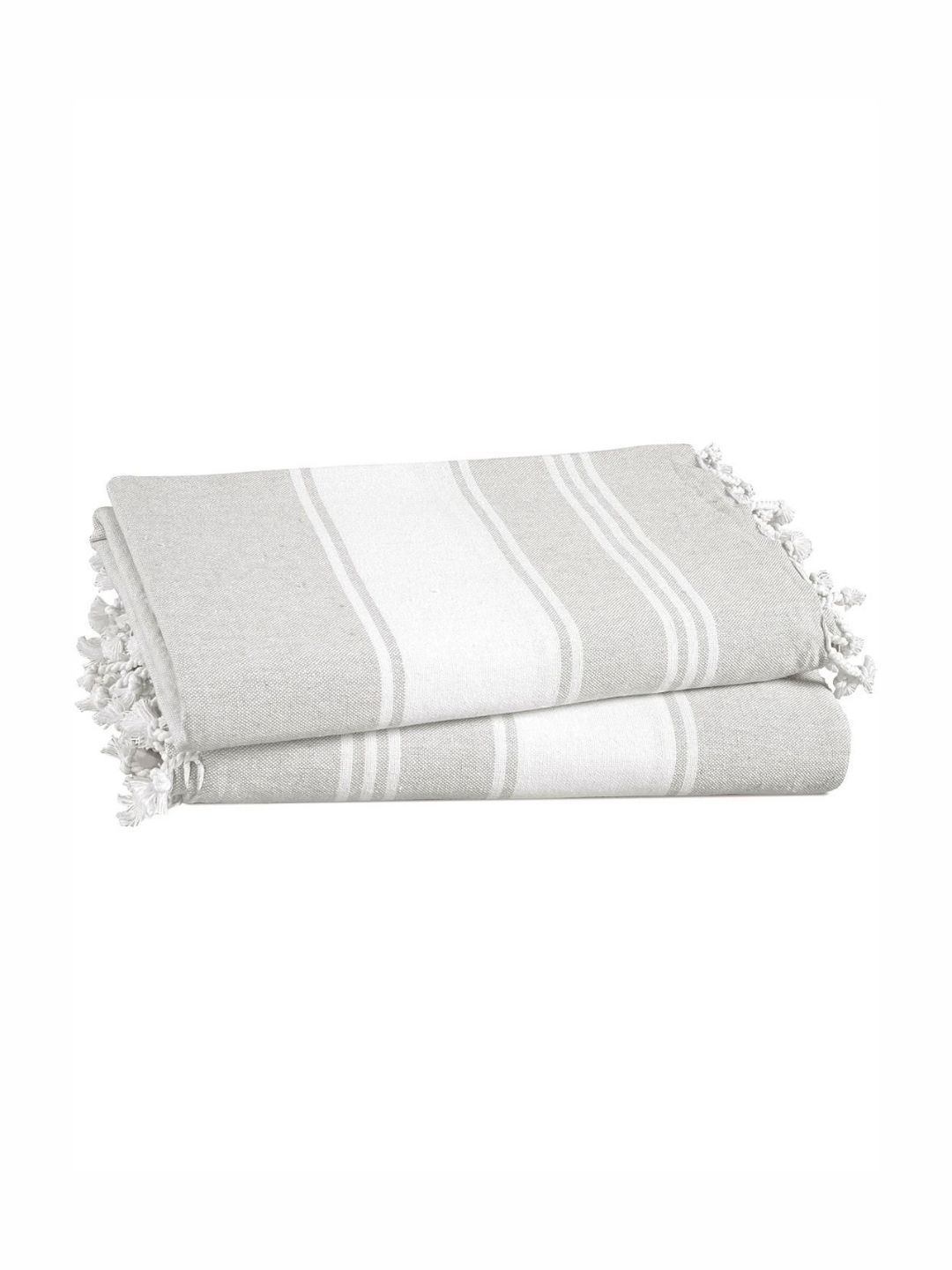 LANE LINEN 2-Pcs Grey & White Striped Pure Cotton Turkish Hammam Beach Towels