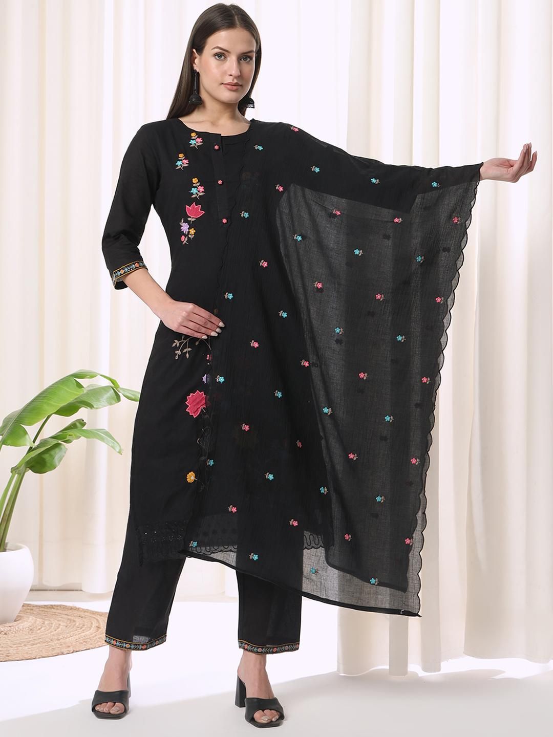 Anouk Women Black Pure Cotton Kurta Sets