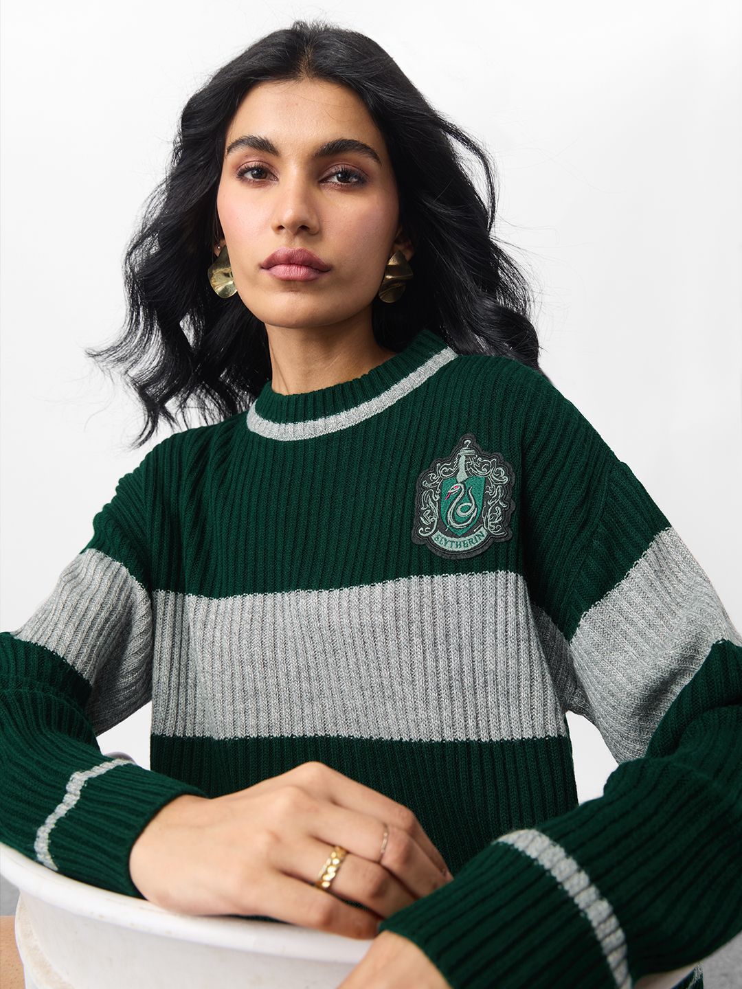 The Souled Store Women Striped Colourblocked Embroidered Oversized Pullover Sweater-picture-38