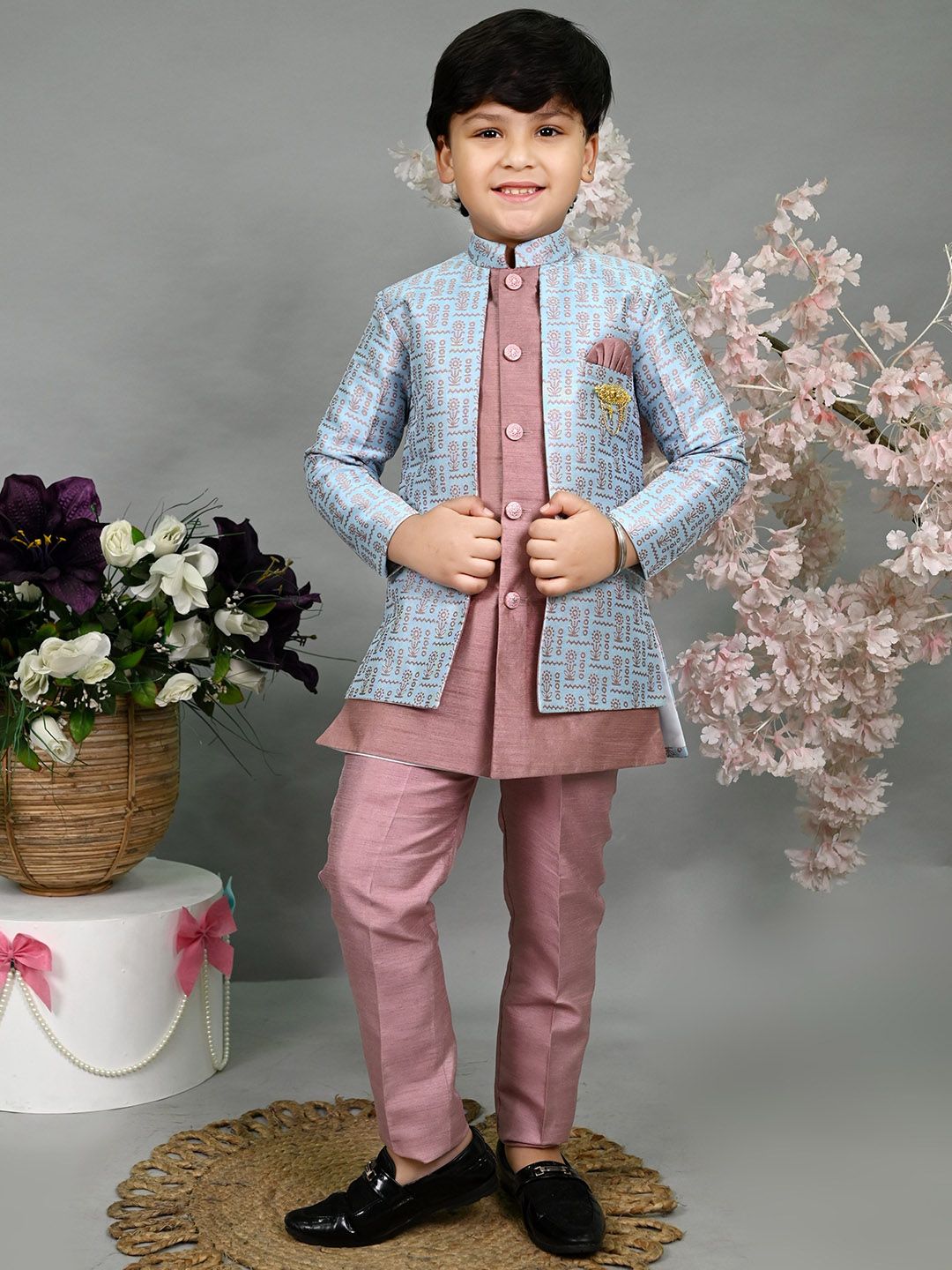 ahhaaaa Boys Self Design Mandarin Collar Sherwani set-picture-44