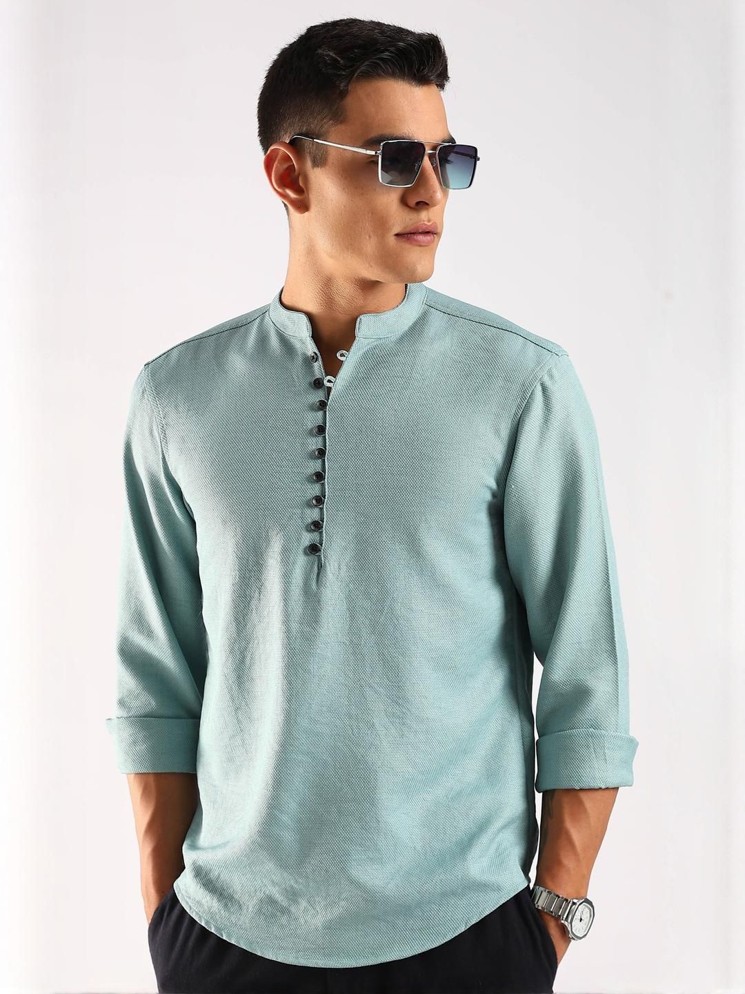 HERE&NOW Men Turquoise Blue Polyester Kurtas-picture-13