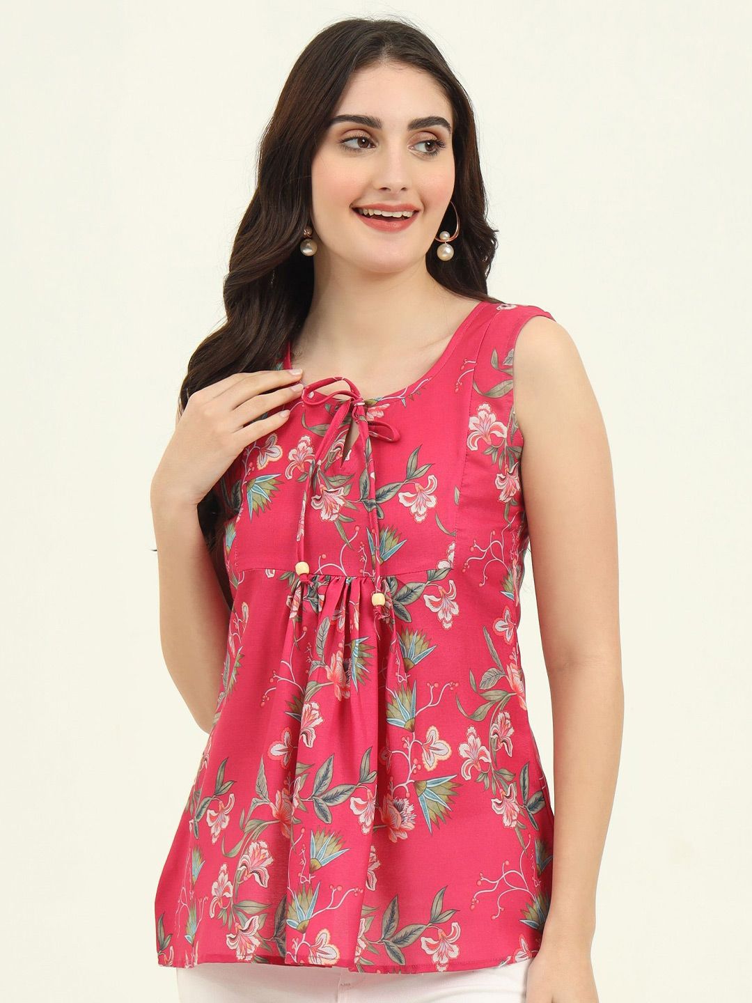 BANJANAN Women Floral Printed Tie-Up Neck Gathered or Pleated Top-picture-16