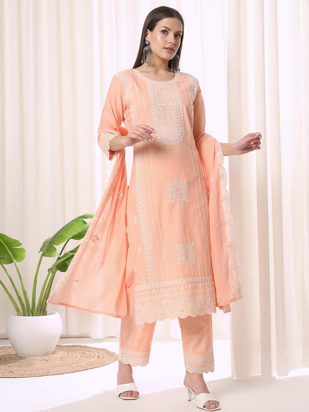 Anouk Women Cream Pure Cotton Kurta Sets