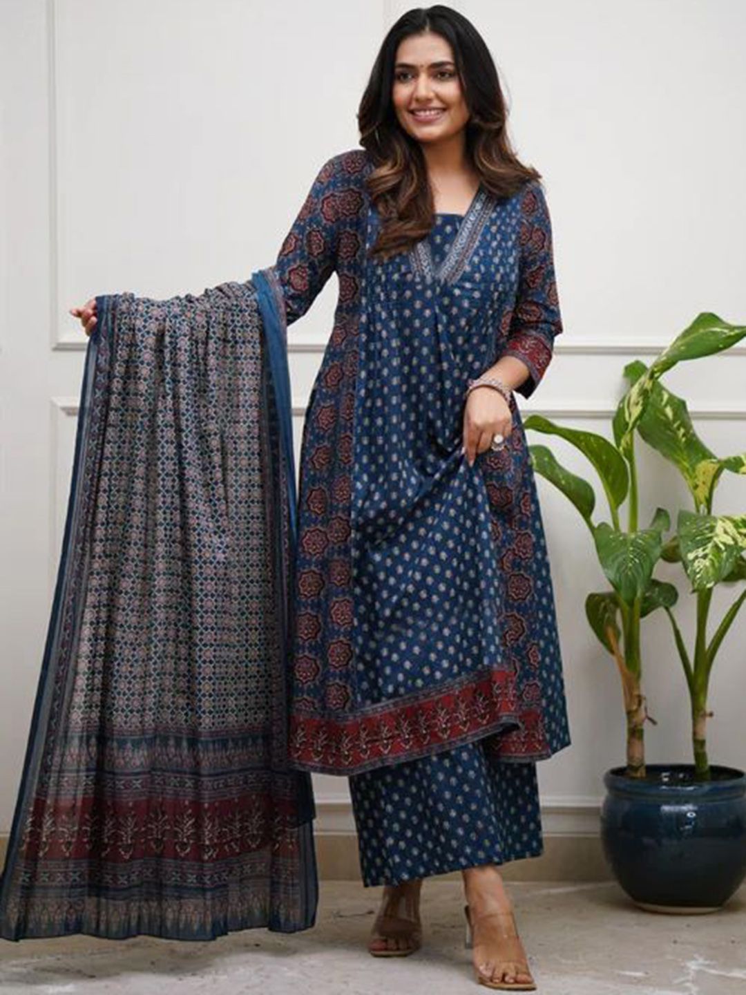 Anni Designer Floral Printed V-Neck Anarkali Kurta With Palazzos & Dupatta-picture-37