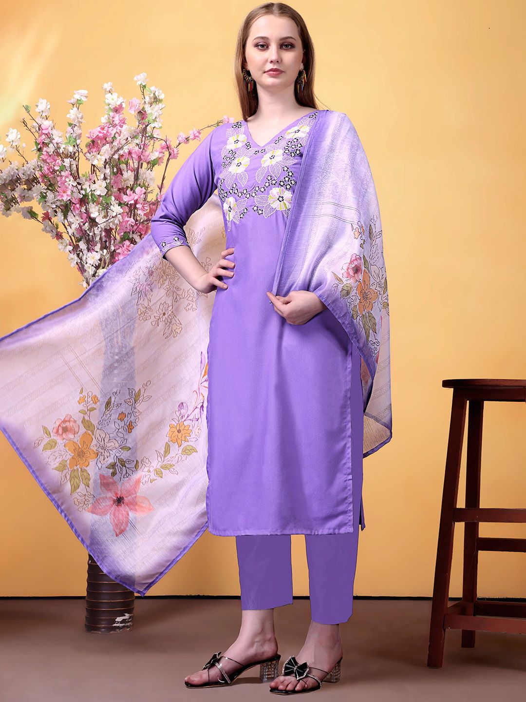 Brand Hill Women Ethnic Motifs Embroidered Straight Kurta with Trousers & Dupatta