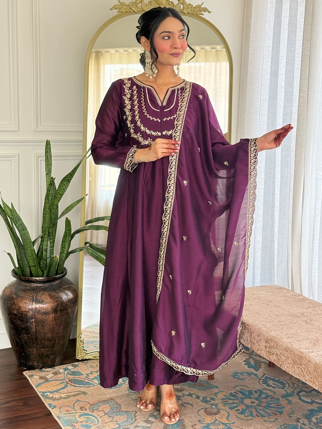 Brand Hill Ethnic Motifs Embroidered Notch Neck Empire Kurta With Trousers & Dupatta
