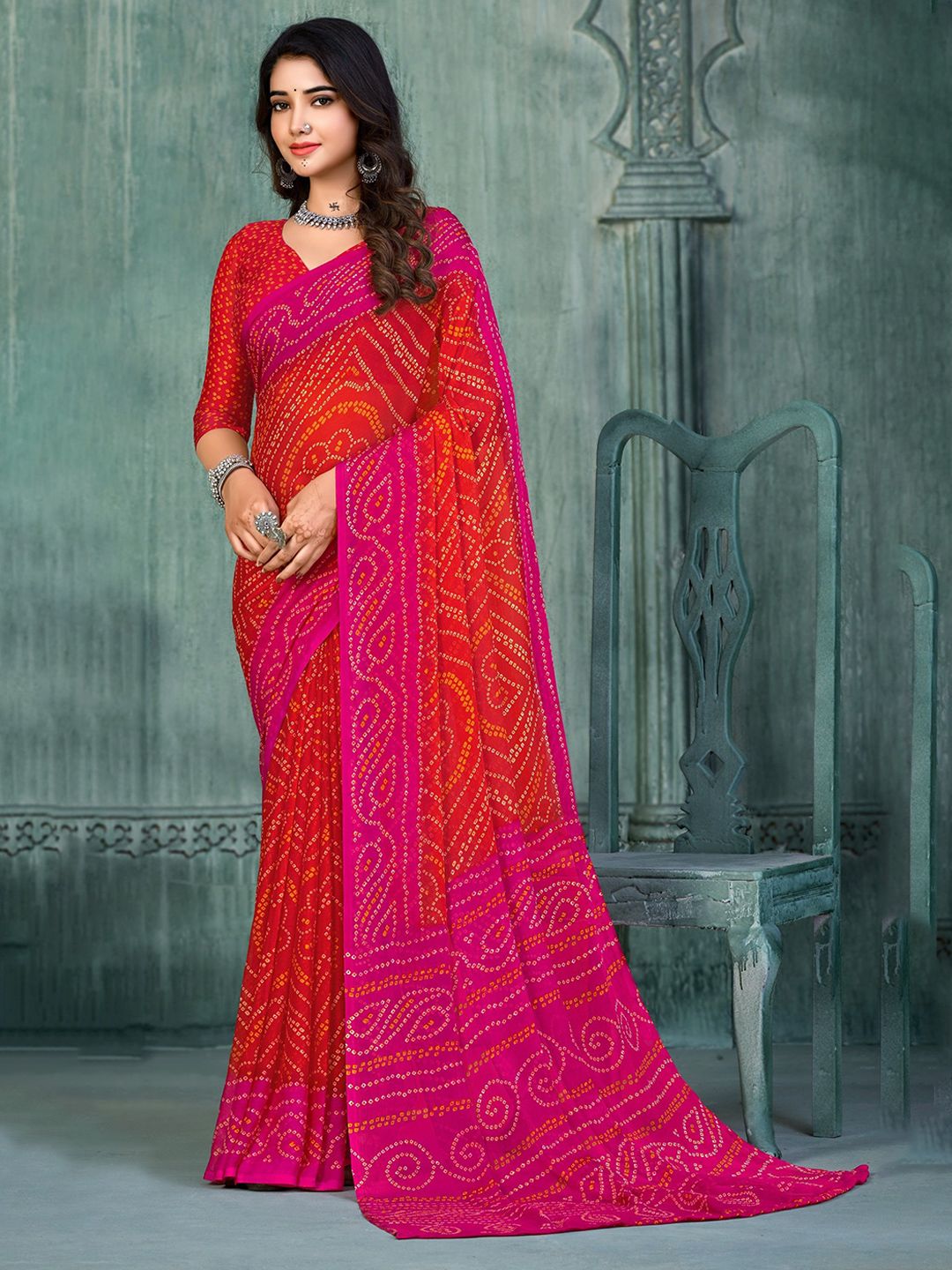 THE FASHION ATTIRE Multicolor TIARAA Geometric Print Bandhani Chiffon Saree-picture-24