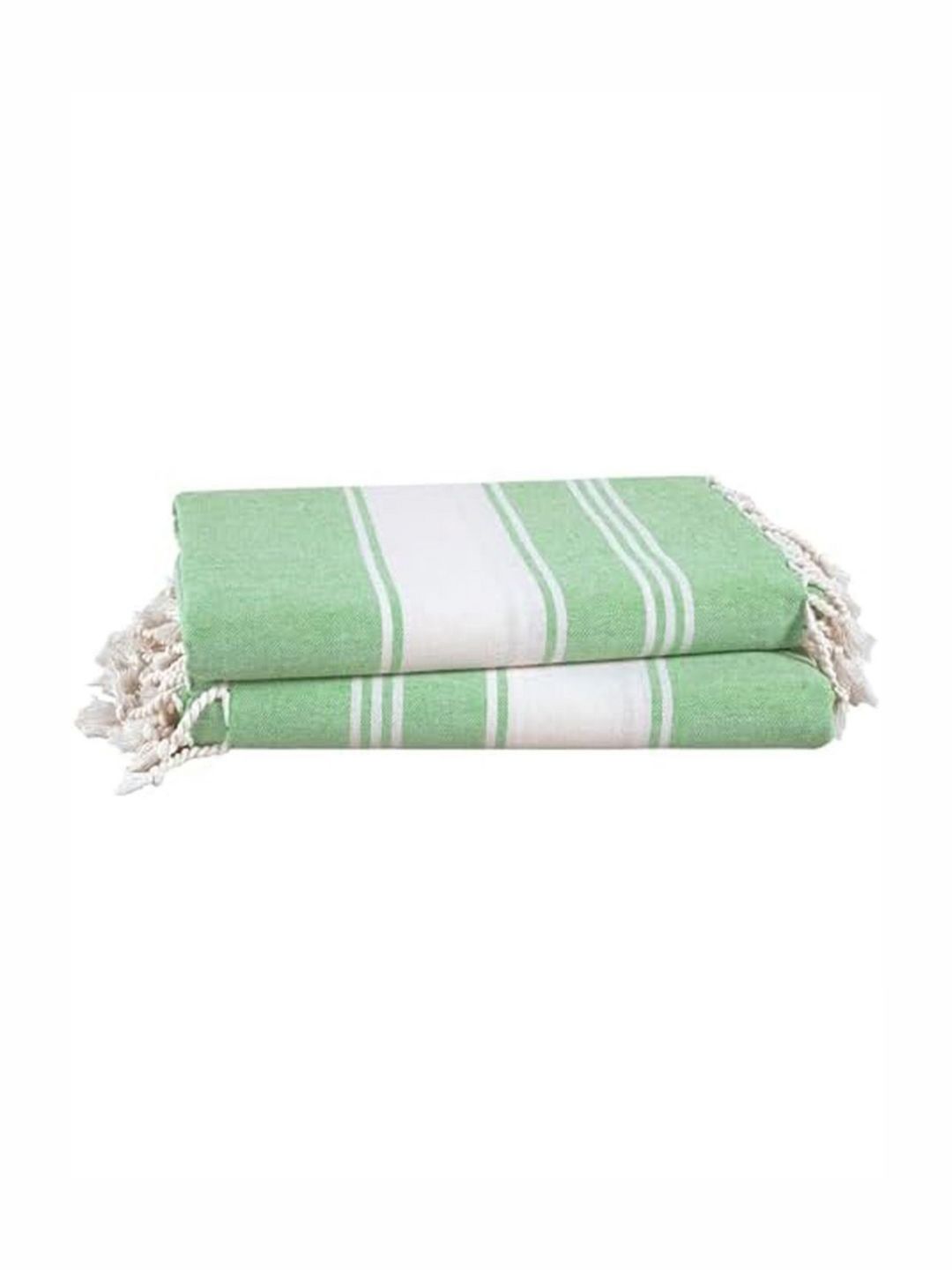 LANE LINEN 2-Pcs Green & White Striped Pure Cotton BeachTowels