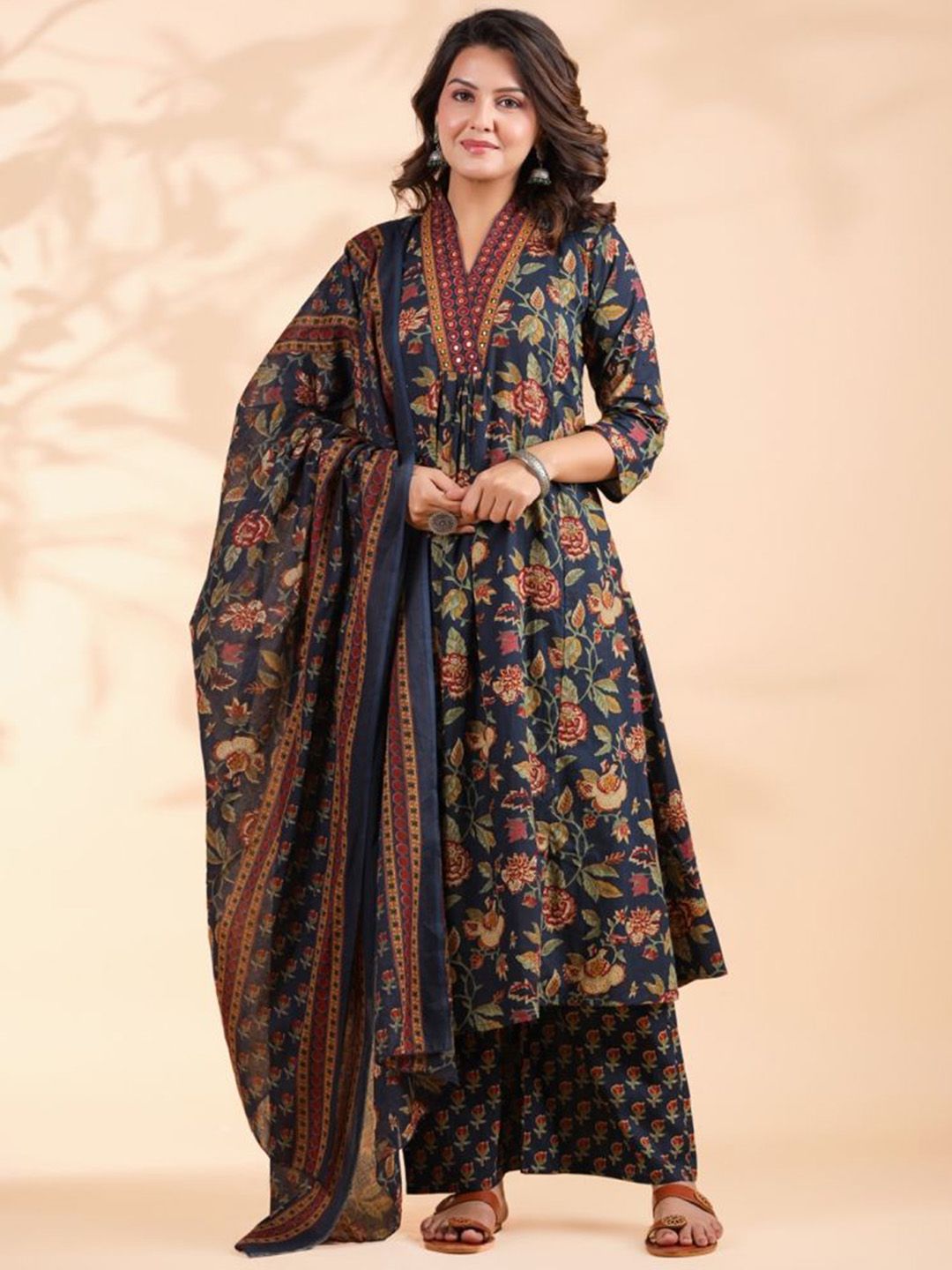 GULMEHAK Women Mirror Work Pure Cotton Kurta with Palazzos & Dupatta