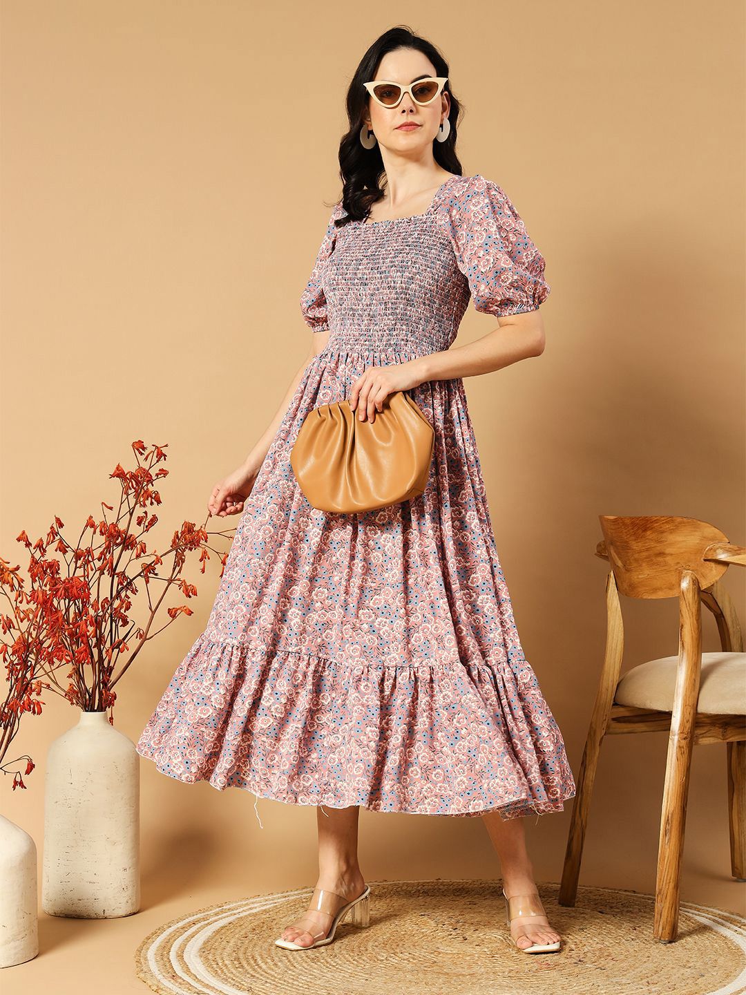 Buy Pinly Floral Print Puff Sleeves Smocked Fit & Flare Midi Dress ...