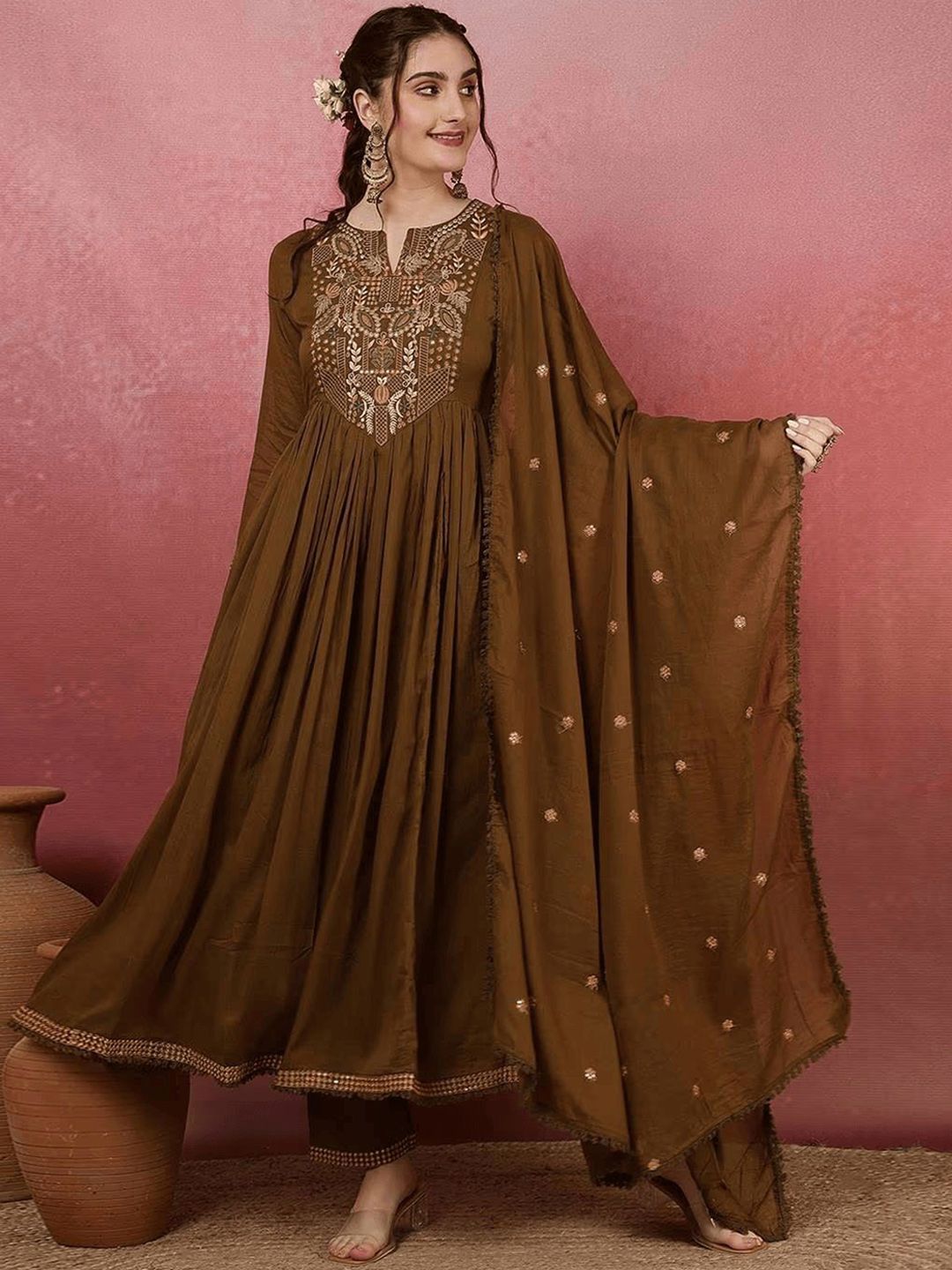 Siya Fashion Floral Yoke Design Thread Work Anarkali Kurta With Trousers & Dupatta