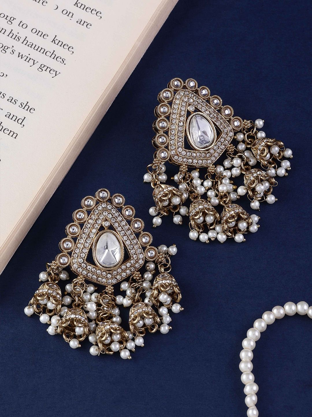 SHONA'S STYLE Brass-Plated Artificial Stones Studded & Pearls Beaded Dome Shaped Jhumkas-picture-29