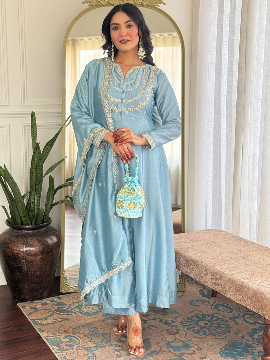 Brand Hill Floral Embroidered Notch Neck Sequinned Anarkali Kurta With Trousers & Dupatta