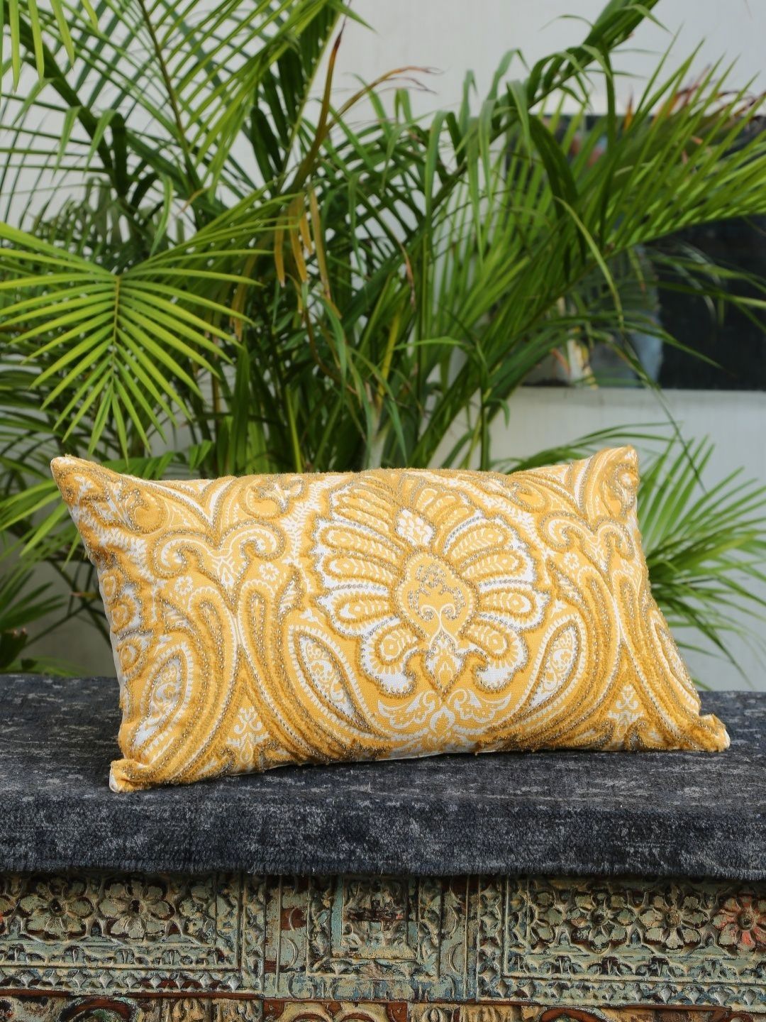 Revive Home Yellow & White Ethnic Motifs Rectangle Cushion Covers-picture-21