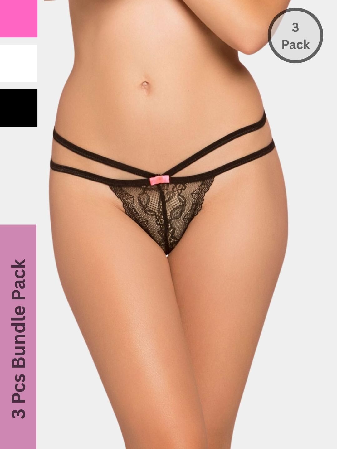 MYZA Women Pack of 3 Pink & White & Black Thong Erotic Briefs-picture-28
