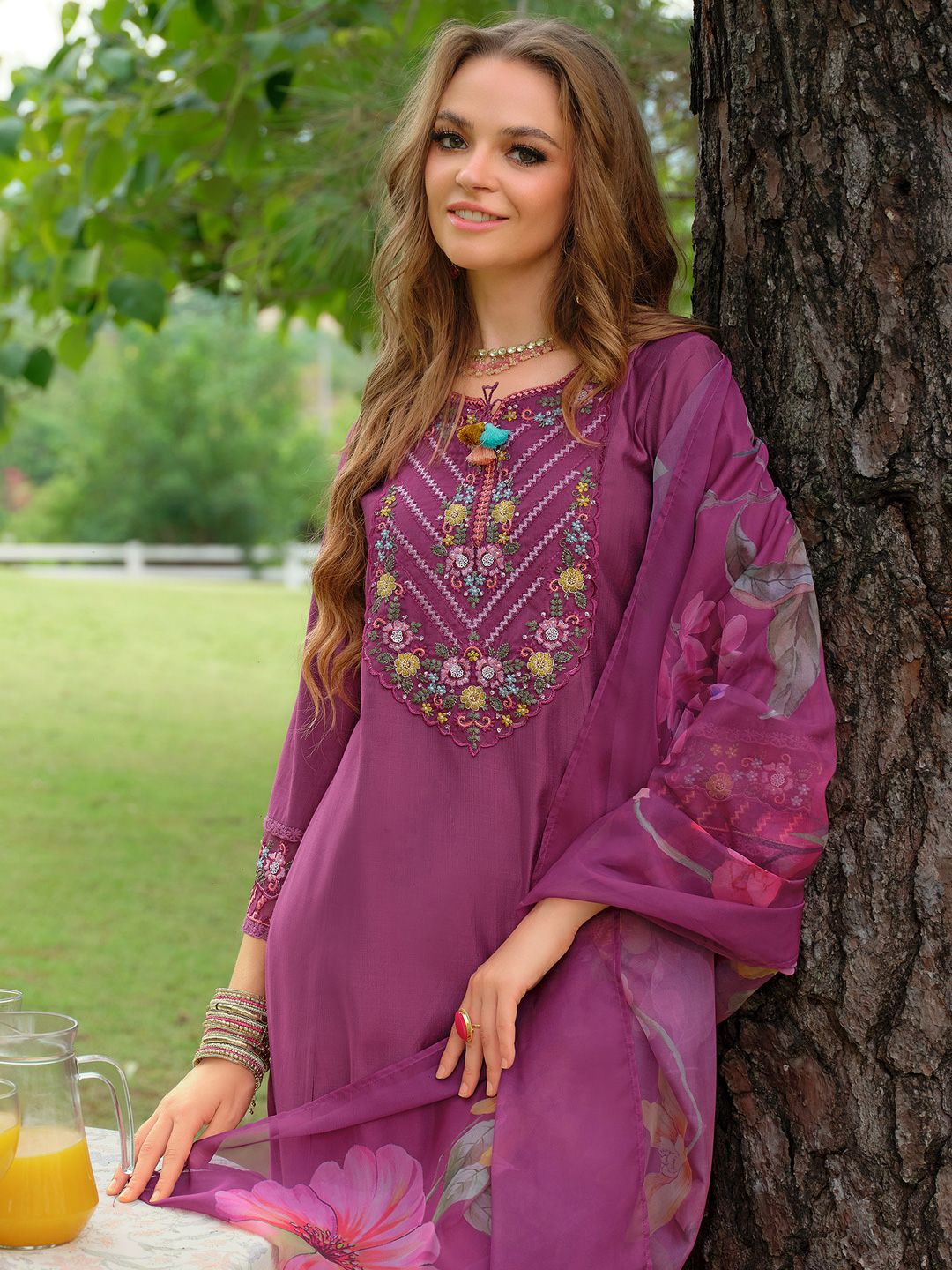 Indo Era Floral Embroidered Thread Work Tieup Neck A-Line Kurta With Trousers & Dupatta